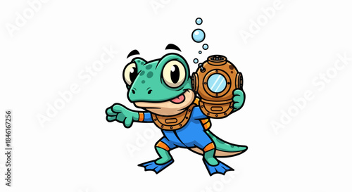 Cartoon Frog Character in Diving Gear Exploring Underwater with Bubbles and Playful Expression
