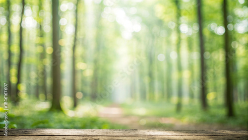 Soft Focus Forest Path with Wooden Table Foreground Sunlight and Bokeh woods nature Background