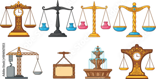 Justice Balance Scale Collection with Classic Legal Weighing Scales Crane and Decorative Symbols in Flat Vector Illustration