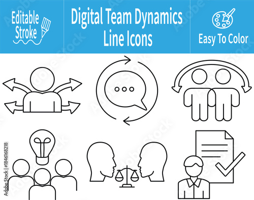 Digital Team Dynamics Line Icons Editable Stroke showing collaboration dialogue leadership balance idea sharing approval and workflow communication concepts