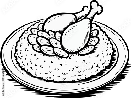 Chicken polao rice dish sketch outline drawing traditional food