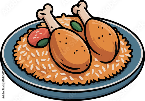 Chicken polao rice dish plate cartoon vector traditional South Asian food