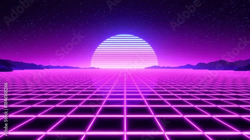 Neon Horizon: A stunning neon landscape is stretching toward the sky, where the purple and pink gradient sky meets a grid-lined ground and half-circle sun, creates a surreal and captivating scene.