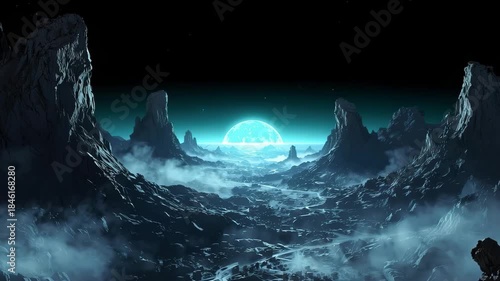 Mystical Sky Over Barren Terrain: A celestial orb ascends majestically, casting an ethereal glow over a jagged, barren landscape shrouded in mist, embodying a serene and mysterious ambiance.