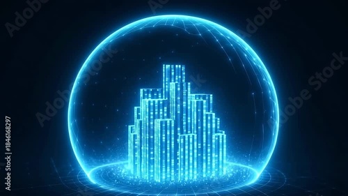 Digital Shield: A futuristic city, encapsulated within a glowing digital sphere, symbolizes technological advancement, and protection.