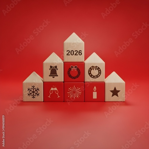 Christmas and New Year's Eve celebration with wooden blocks displaying festive symbols and the year 2026