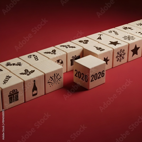 Wooden blocks with holiday icons and the year 2026 arranged on a red background, symbolizing the upcoming new year