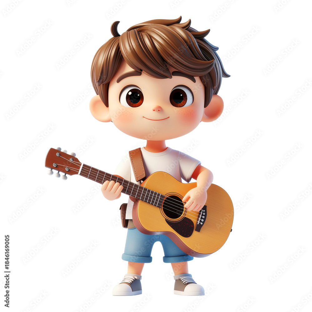 Obraz premium 3d cartoon character Young boy playing guitar PNG