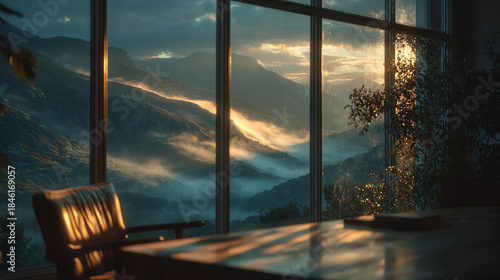 A serene mountain view from a large window, showcasing fog and subtle sunlight, evoking peace and natural beauty.