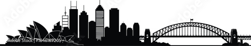 Sydney city skyline silhouette with opera house and harbour bridge, urban architecture landmark illustration, Australia travel destination, modern cityscape vector art.