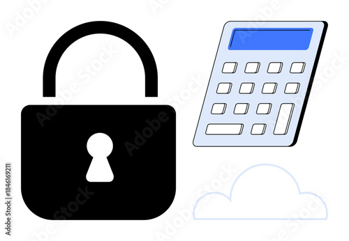 Data security, financial management, cloud storage, encryption, cybersecurity, technology. Image of a padlock next to a calculator and a cloud. Data security and financial management concept