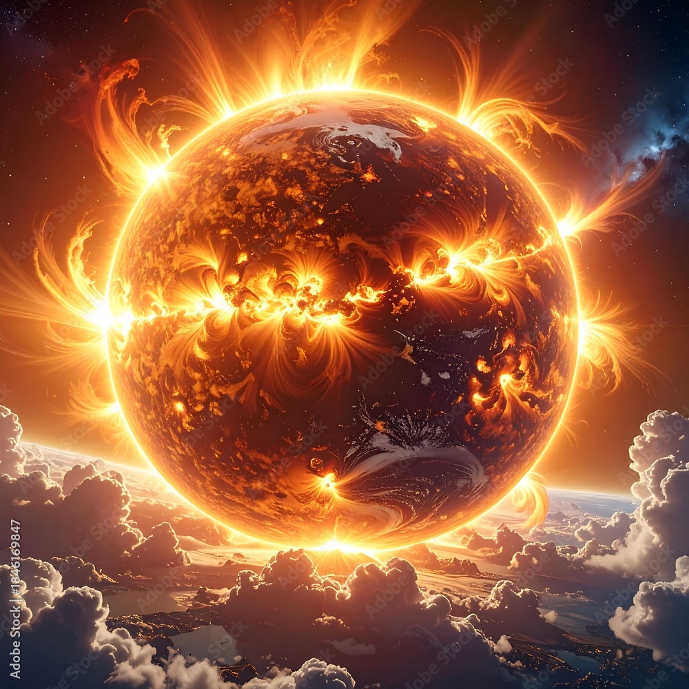 Fototapeta premium A celestial body engulfed in intense flames, radiating energy within a cosmic expanse above a planetary surface. The scene is a fiery inferno