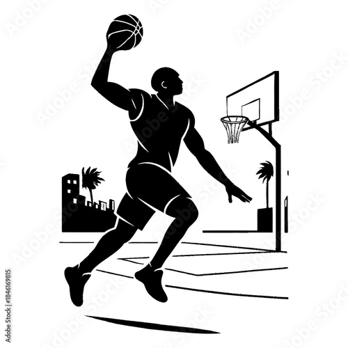 Urban Slam Dunk Silhouette – Outdoor Basketball Player in Action