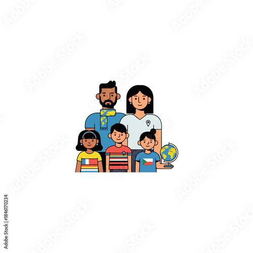 A multicultural family illustration showing different nationalities and global travel isolated on transparent background