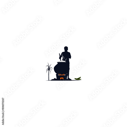 A silhouette illustration of a person preparing traditional pongal in a large pot over a stove isolated on transparent background