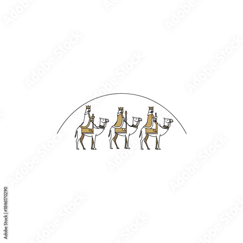 Simple illustration of the three wise men, also known as the magi, riding their camels on their journey isolated on transparent background