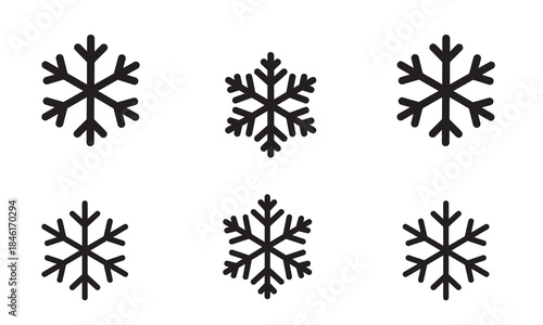 Set of six different black snowflake icons for winter weather and cold temperature symbol design