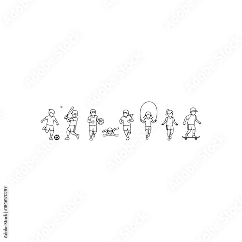 Line art illustration showing children engaging in various sports and physical activities for health and fun isolated on transparent background