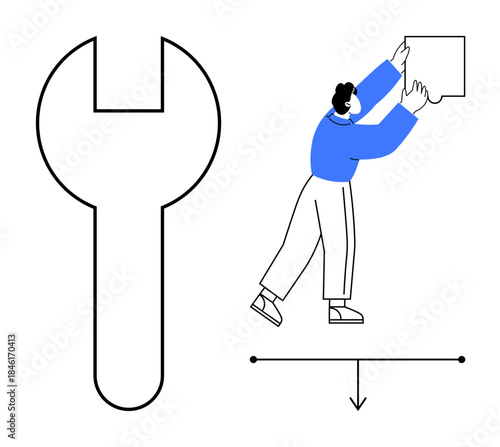 Maintenance concept. Abstract illustration with a wrench symbol and a person adjusting a frame for problem-solving. Maintenance ideas include mechanics, solutions, troubleshooting, and adjustments