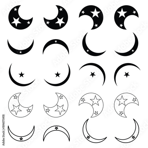 Vector Set of Crescent Moon and Star Icons in Solid and Outline Styles
