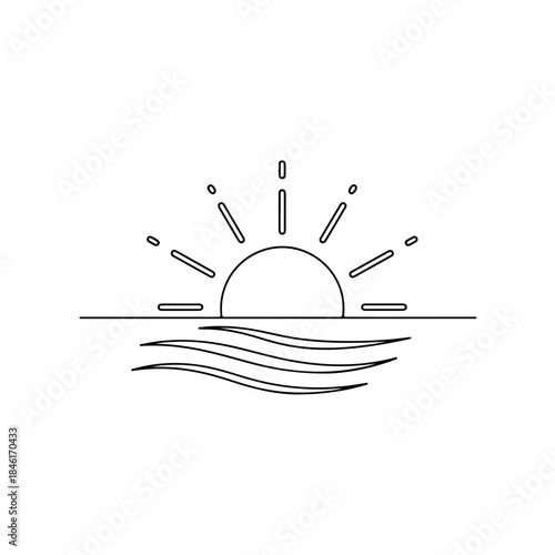 Simple line art drawing of a sun rising or setting over a body of water for coloring isolated on transparent background
