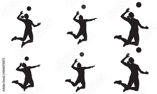 Set of six silhouettes depicting male athletes performing volleyball spikes and jumps in dynamic poses