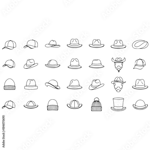 Diverse set of hand-drawn vector icons representing various hat styles for fashion and design isolated on transparent background