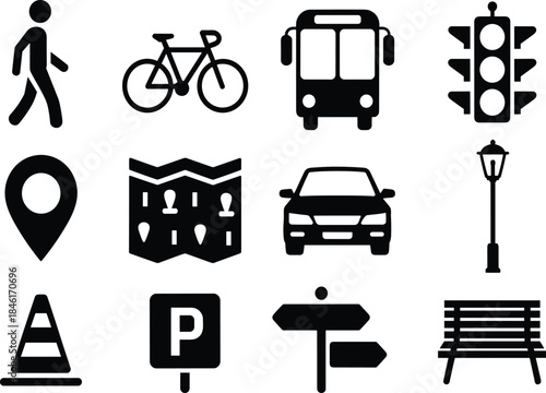 Black and white transportation and city icons set including pedestrian bicycle bus car traffic light map parking street furniture vector
