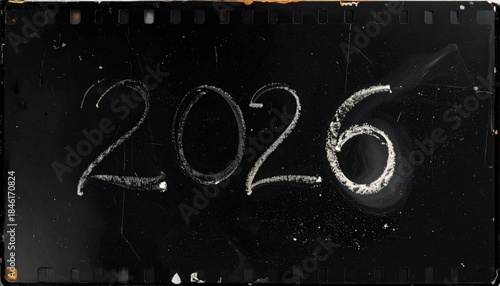 2026 Written on Vintage Film Strip, Grunge Aesthetic, Retro Concept.