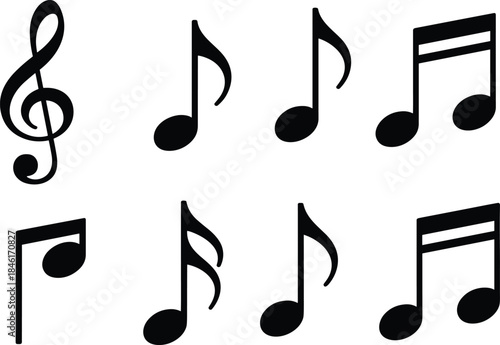 Black musical notes icons, treble clef, rhythm symbols, music notation, minimalist design, black and white illustration,