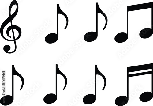 Black musical notes icons, treble clef, rhythm symbols, music notation, minimalist design, black and white illustration,