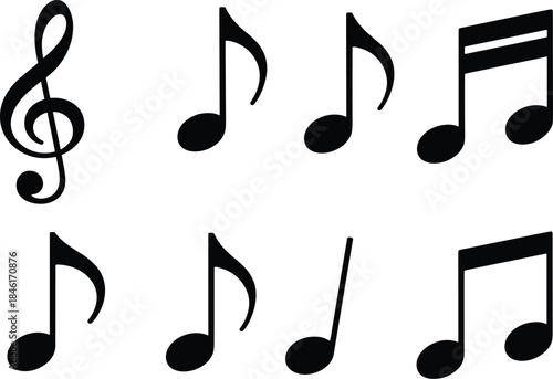 Black musical notes icons, treble clef, rhythm symbols, music notation, minimalist design, black and white illustration,