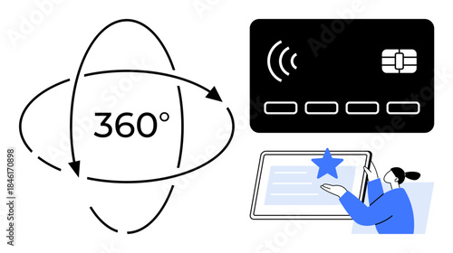 Digital payment solutions, NFC technology, user interaction, online security, modern tech, innovation. Contactless card, rotating 360-degree concept person interacting with tablet. Digital payment