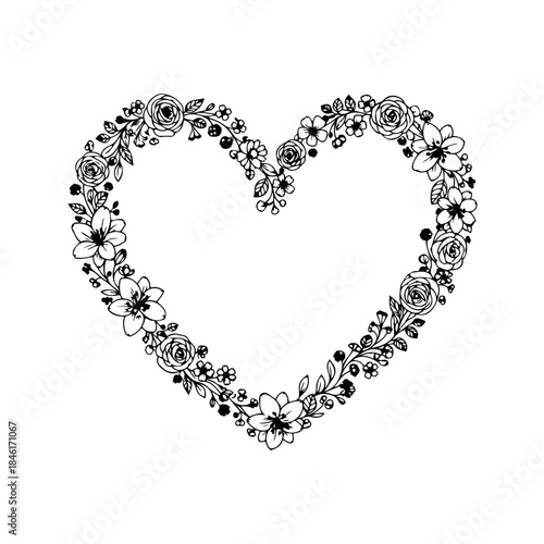 A detailed black and white illustration of a heart shaped frame composed of various flowers and leaves. isolated on transparent background