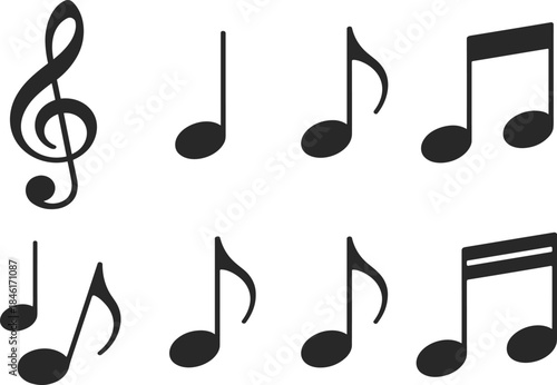 Black musical notes icons, treble clef, rhythm symbols, music notation, minimalist design, black and white illustration,