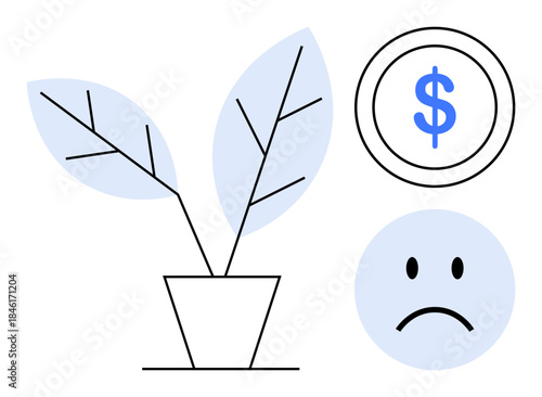 Financial stress concept. Visual ation of financial strain with a dollar symbol, a sad face, and a withering plant. Financial stress impacts emotions, well-being, and resource scarcity. For personal