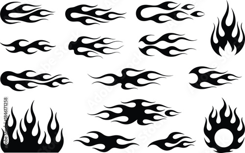 Black tribal flame vector set, fire silhouette icons for tattoo, racing, hot rod, sticker, logo, graphic design illustration clipart collection
