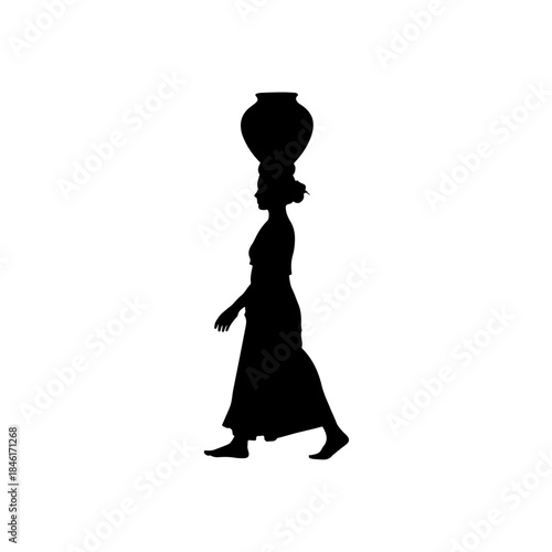 A black silhouette of a woman walking and carrying a large pot balanced on her head isolated on transparent background