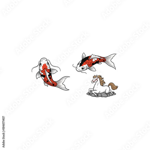 A collection of illustrations featuring two vibrant koi fish and a white horse figurine isolated on transparent background