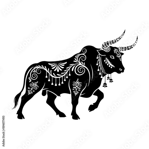 A beautiful silhouette art of a decorated bull with traditional indian patterns and bells isolated on transparent background
