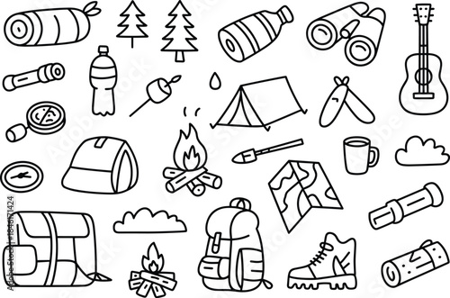 Camping gear line art illustration featuring outdoor equipment, campfire, tent, backpack, survival tools, hiking essentials,