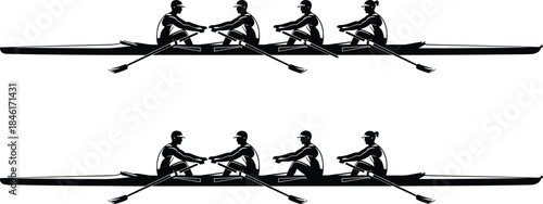 Team rowing sport silhouette, teamwork and coordination in rowing boats, athletes training together on water, competition and unity vector illustration design