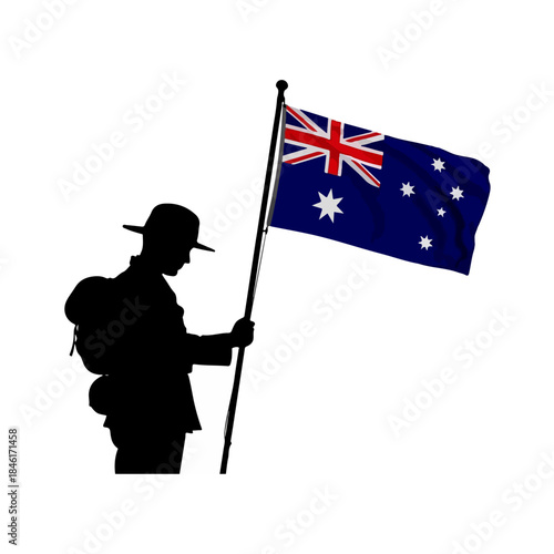 Silhouette of an australian soldier holding the national flag on white background isolated on transparent background