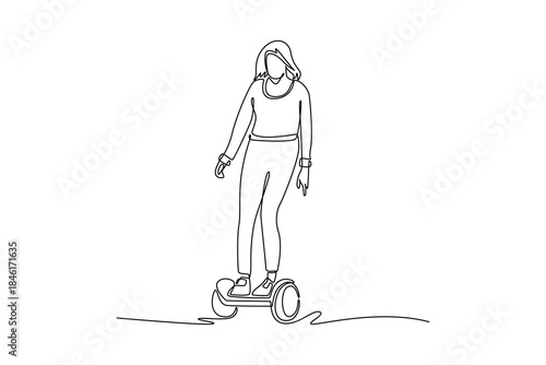 Continuous one line drawing woman standing on hands-free self-balancing hoverboard. Effortless, futuristic, eco-friendly micro-mobility for travel. Single line draw design vector graphic illustration