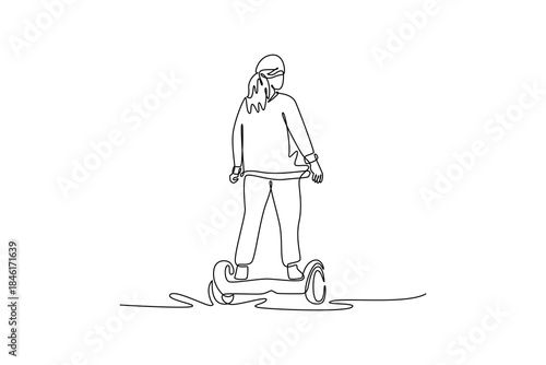 Single continuous line drawing woman viewed from behind, standing on two-wheeled self-balancing hoverboard. Eco-friendly micro-mobility urban travel. One line draw graphic design vector illustration