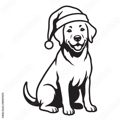A charming black and white illustration of a labrador retriever wearing a festive santa claus hat smiling cheerfully