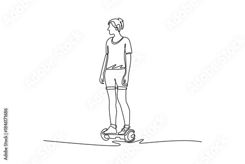 Continuous one line drawing young woman in casual shorts and t-shirt, standing on self-balancing hoverboard. Effortless, micro-mobility in the city. Single line draw design vector graphic illustration