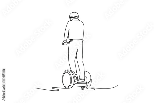 Single continuous line drawing man wearing helmet, viewed from behind, riding Segway-style personal transporter. Depicts efficient and unique movement. One line draw graphic design vector illustration