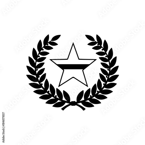 A black and white emblem featuring a five-pointed star enclosed within a laurel wreath isolated on transparent background