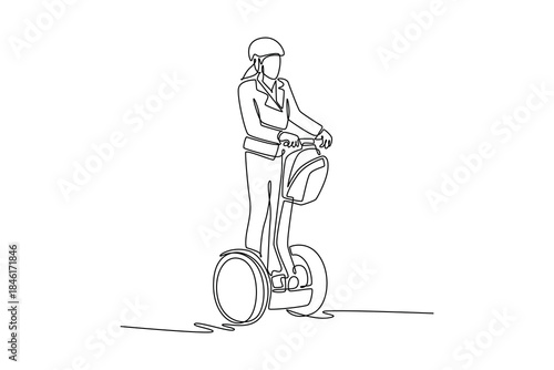 Single continuous line drawing woman wearing helmet and blazer standing on self personal transporter or Segway. Micro-mobility for short urban journey. One line draw graphic design vector illustration